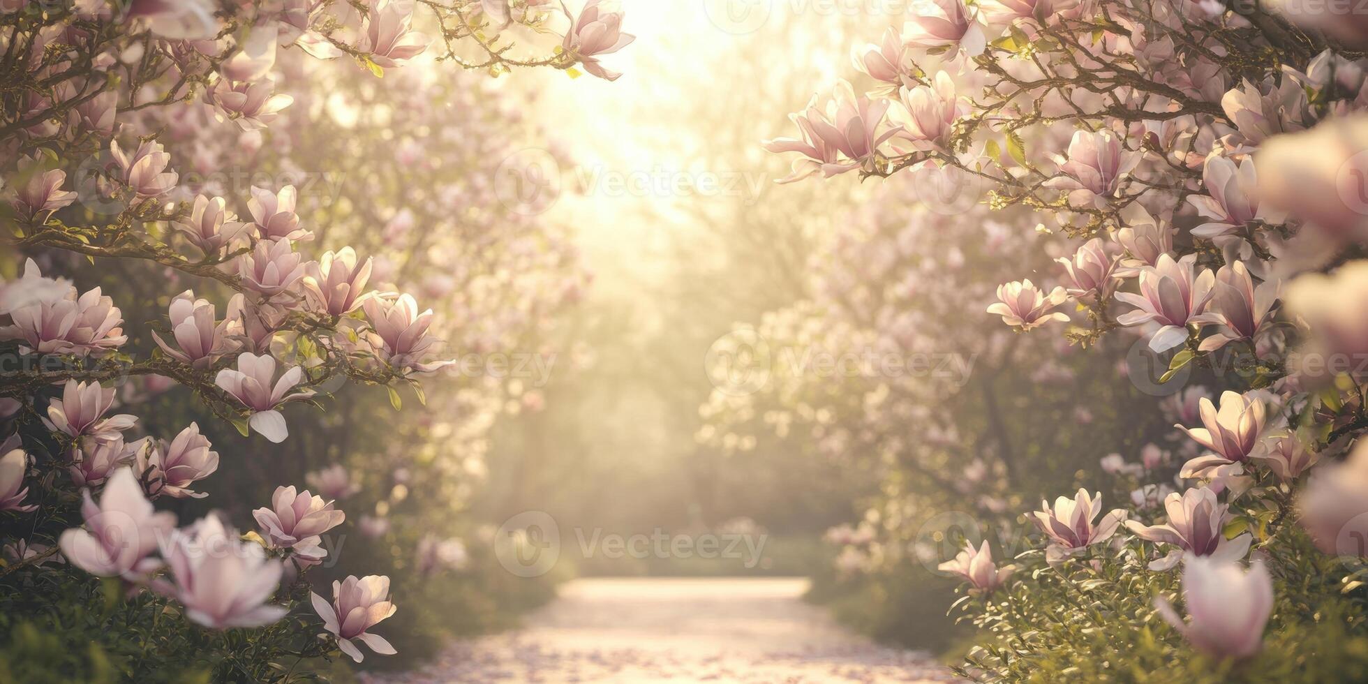 Pathway lined with blooming magnolia trees in sunlit garden setting photo