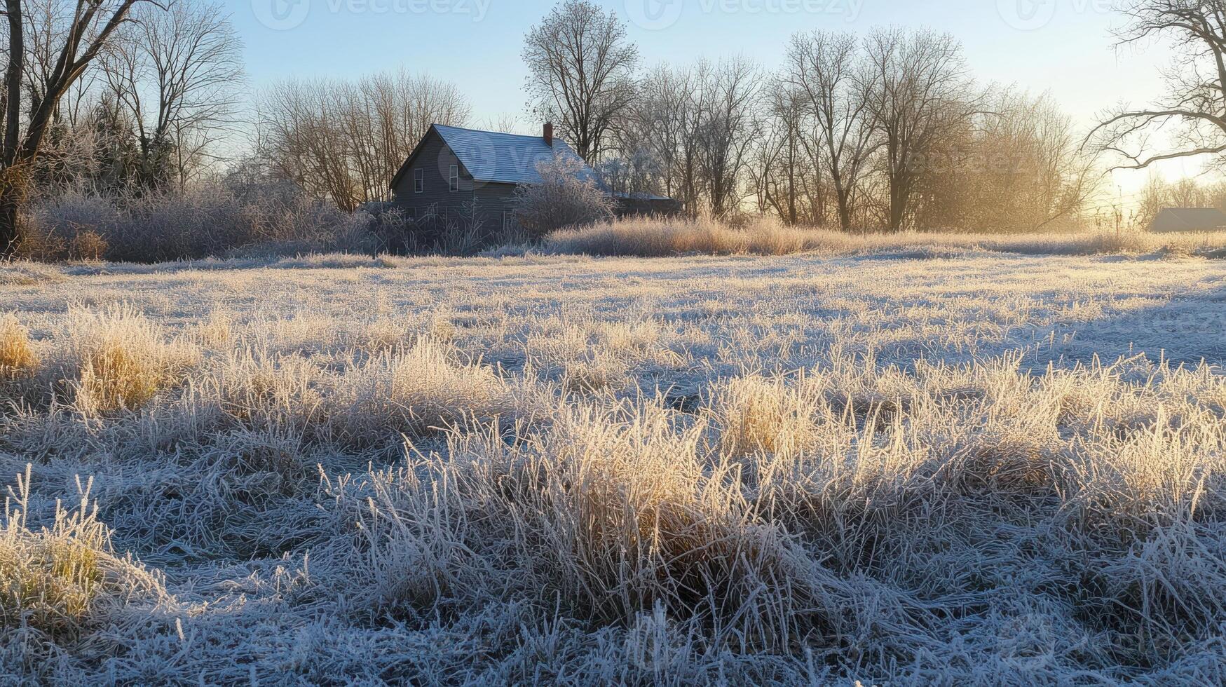 Frost-covered field with a rustic house under winter morning light photo