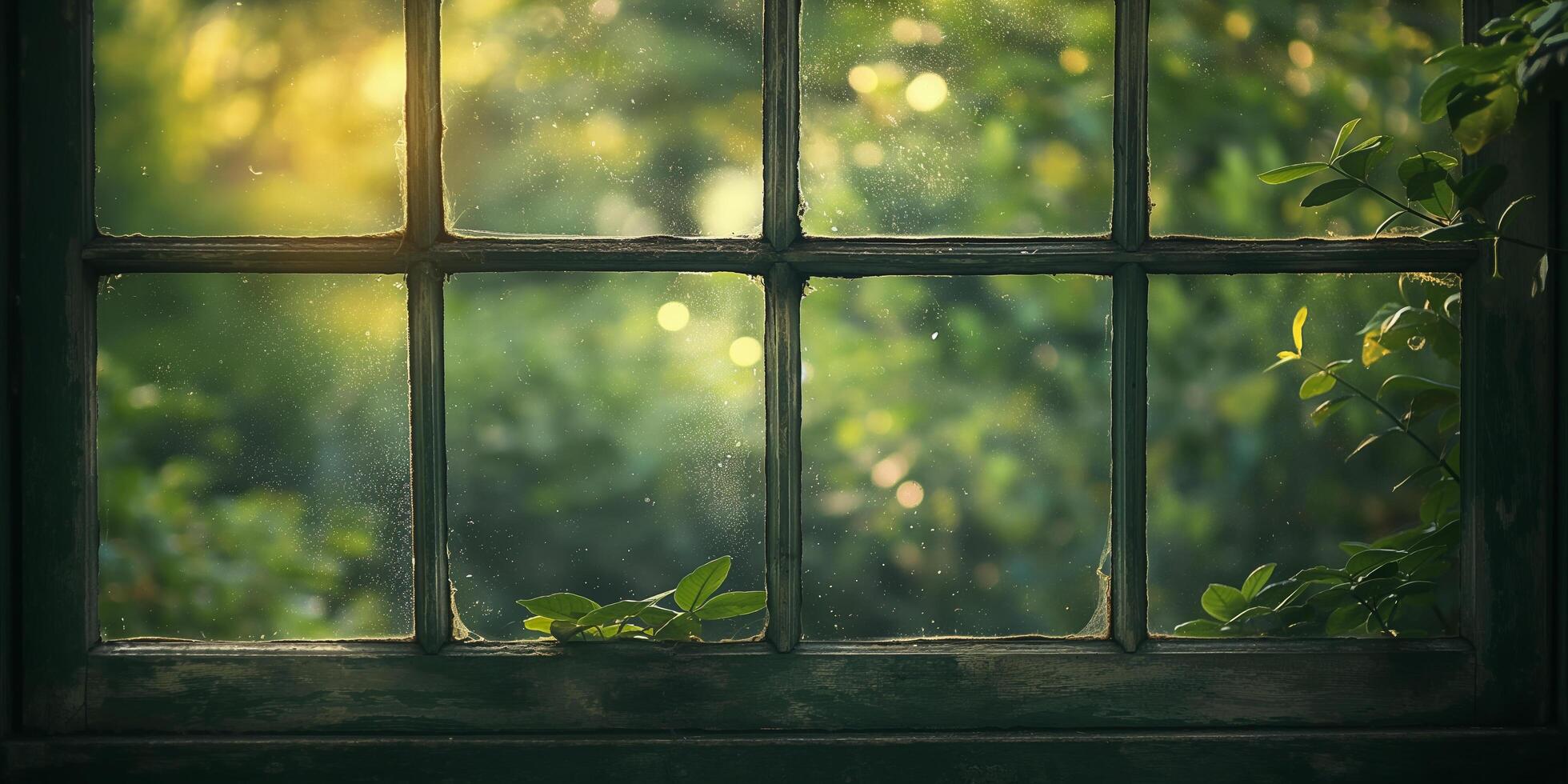 Vintage Window with Foliage Peaceful Summer Garden Scene through Rustic Glass Pane photo