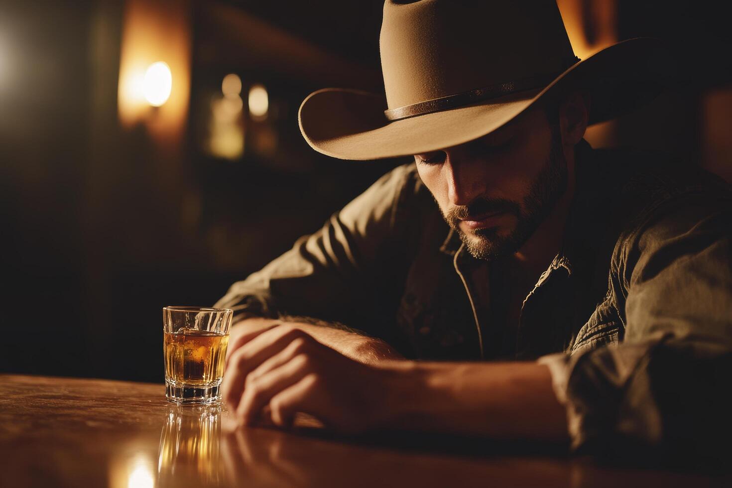 Contemplative Cowboy Enjoying Whiskey in Rustic Bar Setting photo
