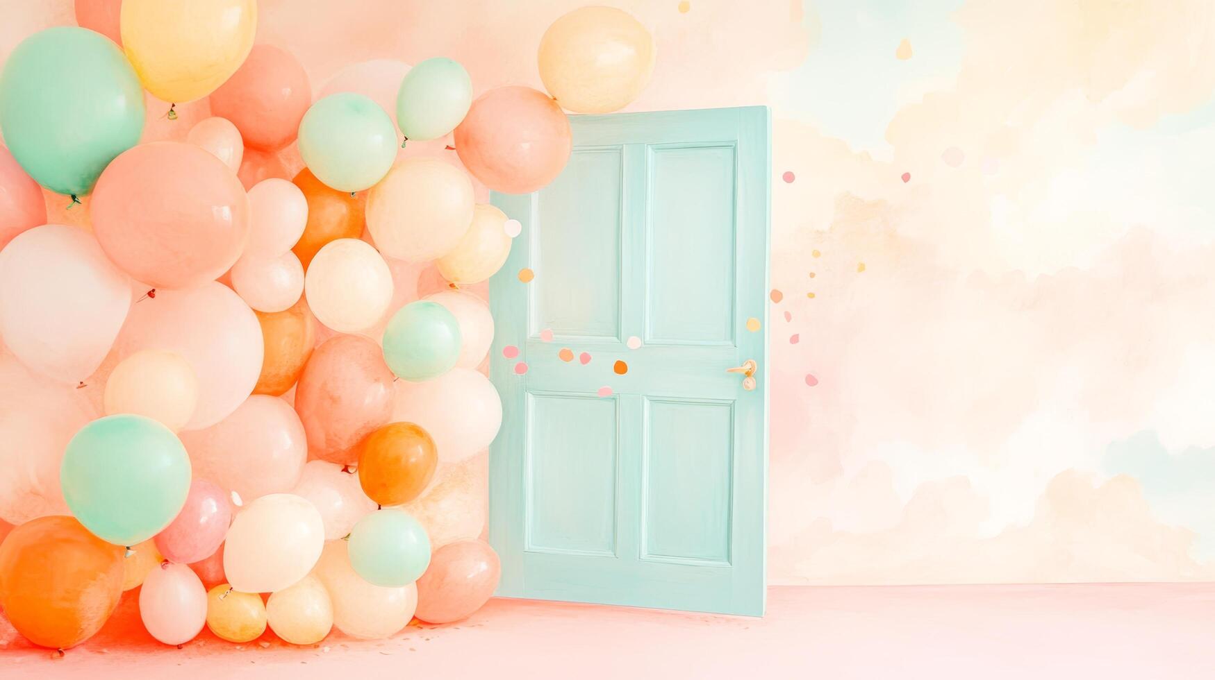 Whimsical Pastel Balloons and Open Doorway in Dreamy Atmosphere photo