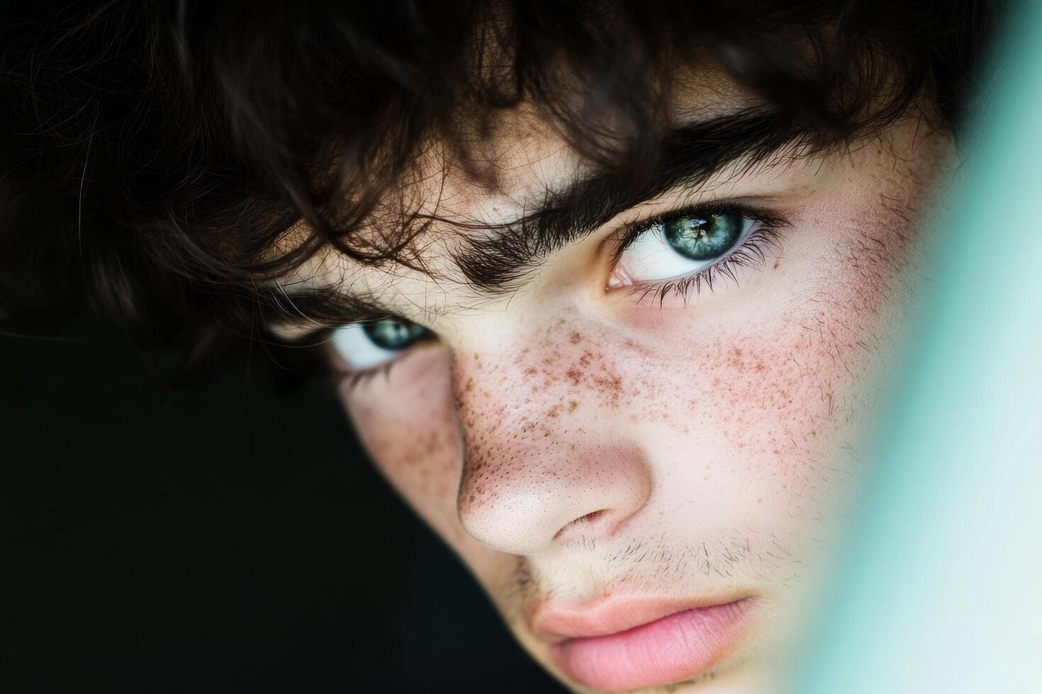 Close Up of Young Person with Freckles and Intense Blue Eyes photo