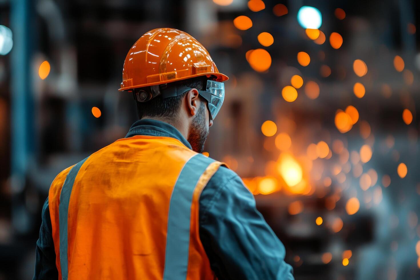 Industrial Worker in Safety Gear Observing Manufacturing Sparks photo