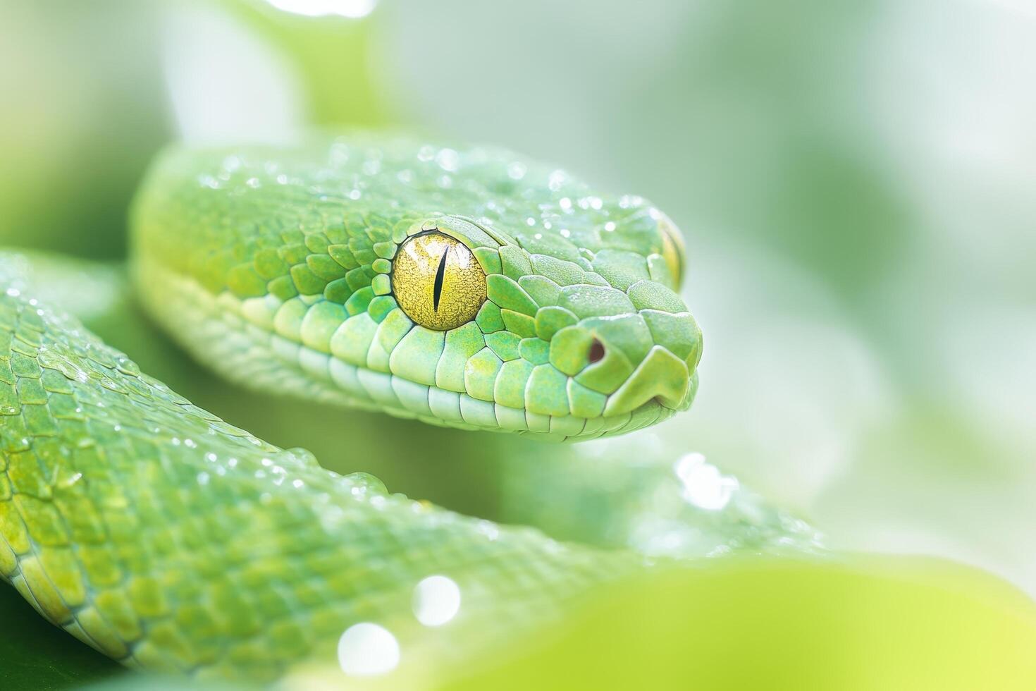 Emerald Green Snake in Natural Habitat with Focused Yellow Eyes and Dew Drops photo