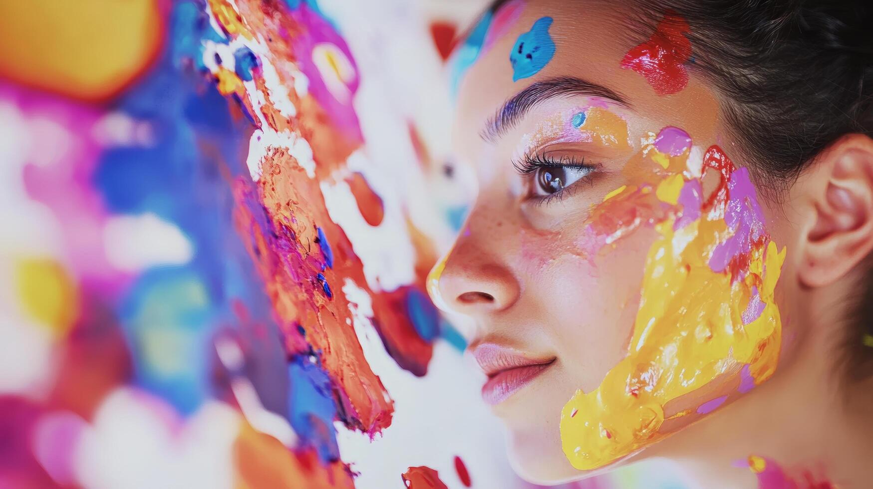Vibrant Artistic Expression Woman with Colorful Face Paint in Abstract Art Background photo
