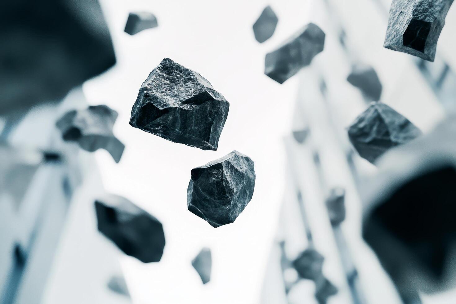 Floating Rocks in Abstract Urban Setting Defying Gravity Surreal Modern Art Concept photo