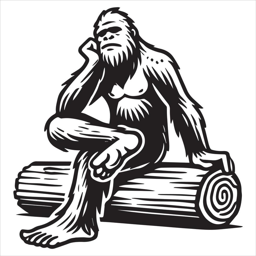 Contemplative Bigfoot - Sitting on a Log vector