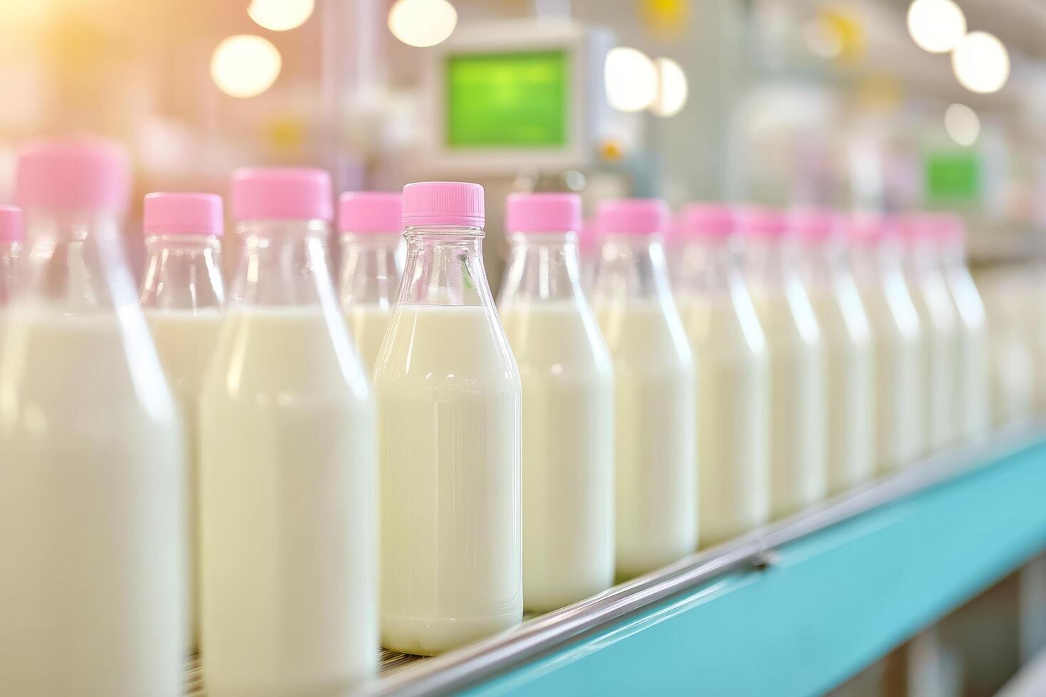 Milk Bottles on Automated Conveyor Belt in Dairy Factory Production Line photo