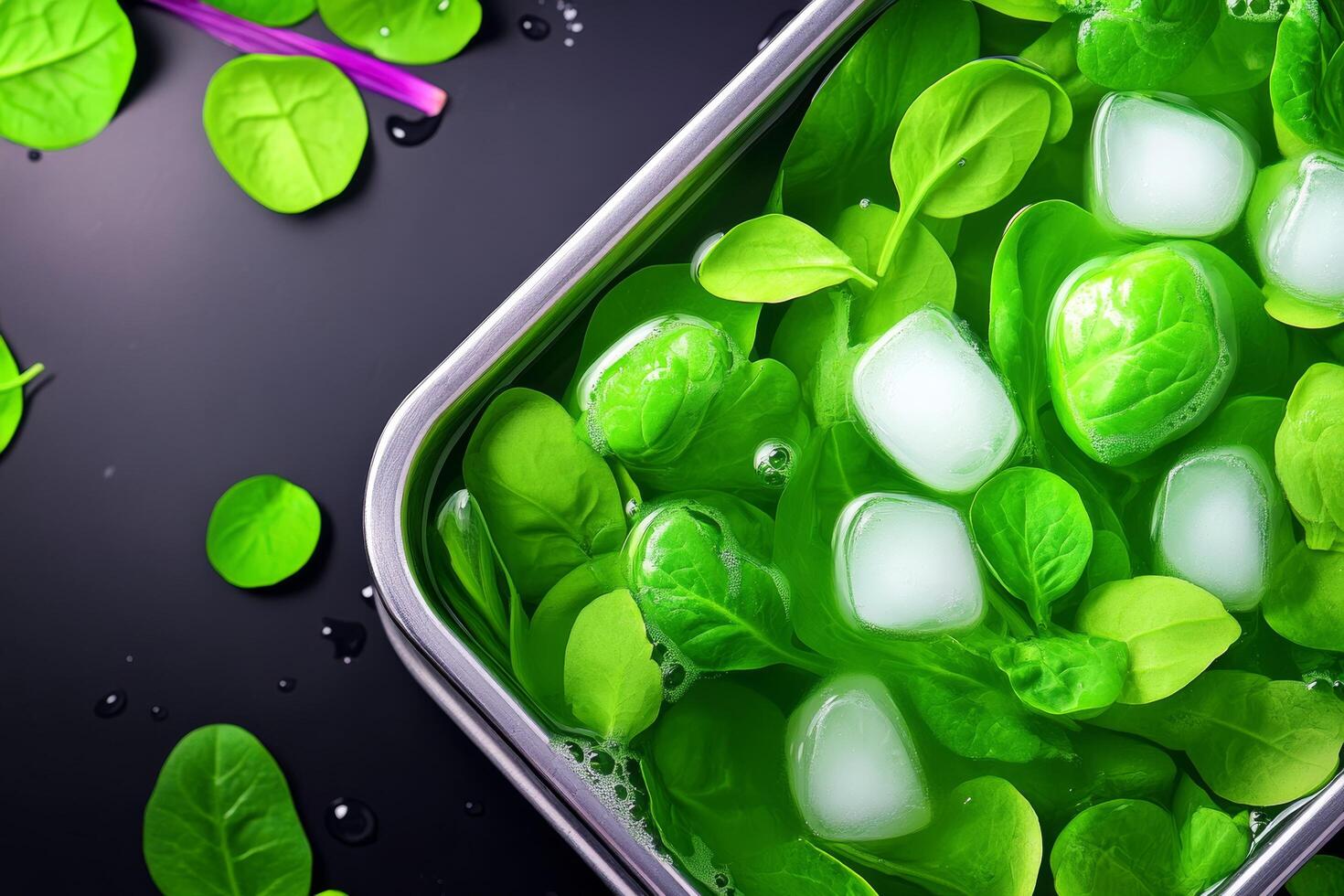 Fresh Spinach Leaves Chilled in Water with Ice Cubes for Crisp Salad Preparation photo