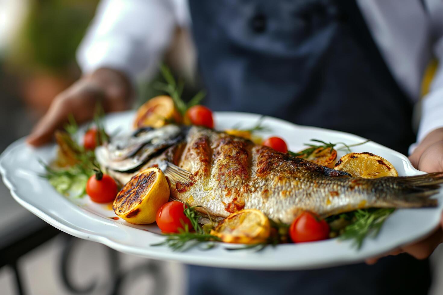 Chef Presenting Grilled Fish with Lemon and Herbs on White Plate photo