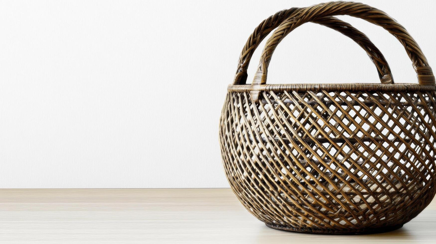 Handcrafted Wicker Basket on Wooden Table Rustic Home Decor and Storage Solution photo