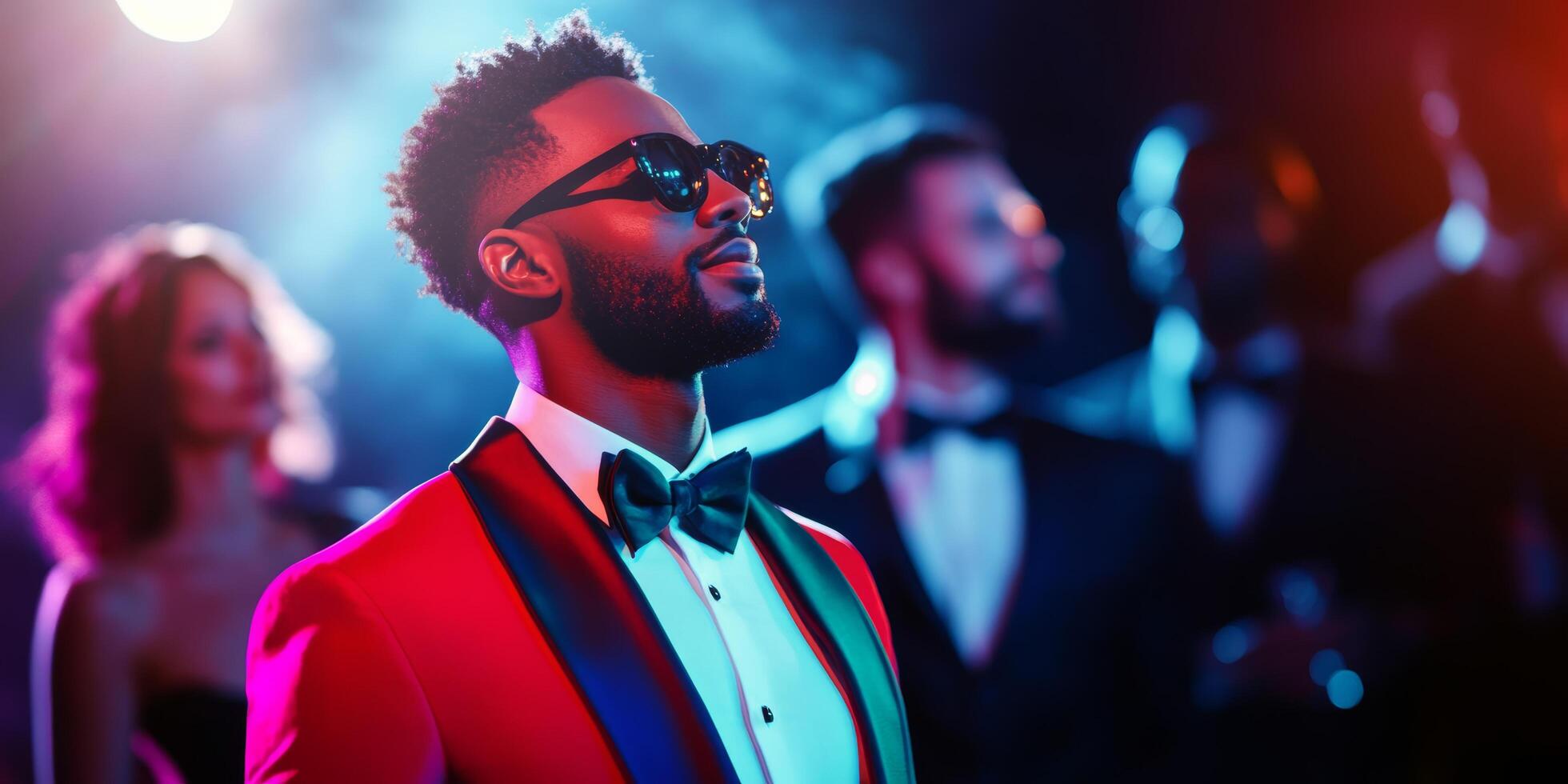 Stylish Man in Red Tuxedo and Sunglasses at Elegant Evening Party photo