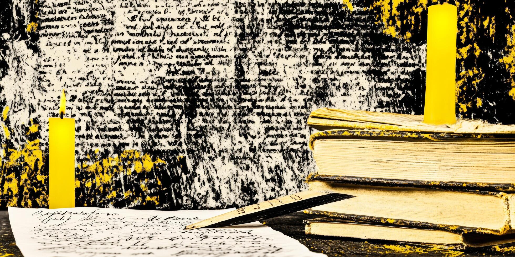 Vintage Writing Setup with Books, Candles, and Quill in Artistic Black and Yellow Tone photo