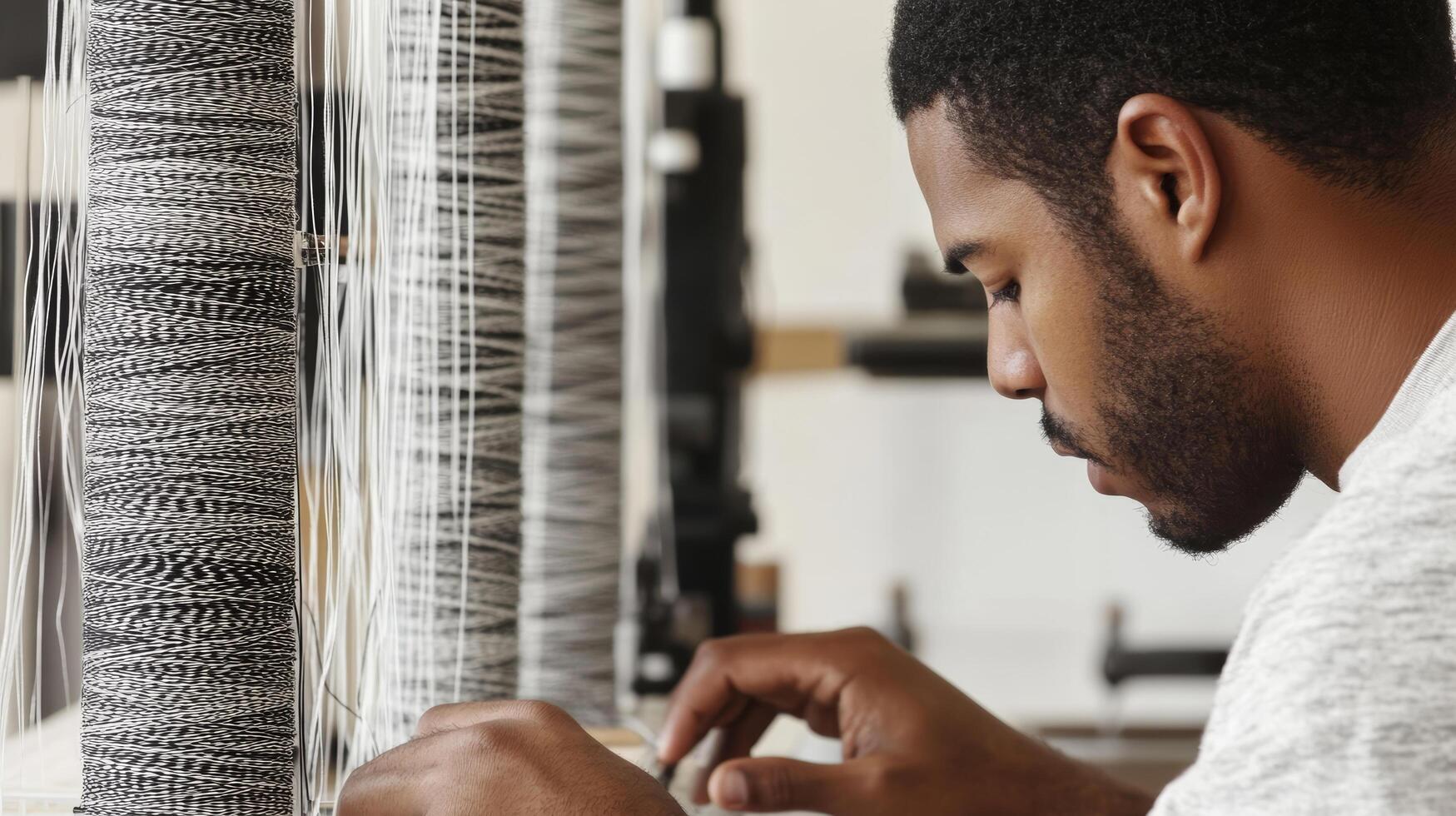 Focused Artisan Weaving at Loom Skillful Textile Creation in Modern Workshop photo