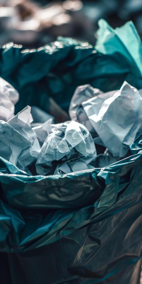 Crumpled Paper in Garbage Can Highlighting Waste Management and Plastic Pollution photo