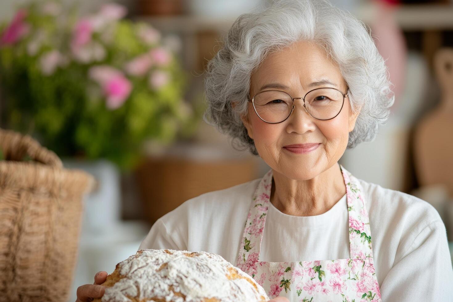 Elderly Woman Baking Bread at Home Embracing Tradition and Culinary Artistry photo