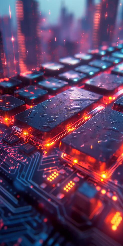 Closeup of Wet Computer Motherboard with Glowing Circuitry in Futuristic Cityscape photo