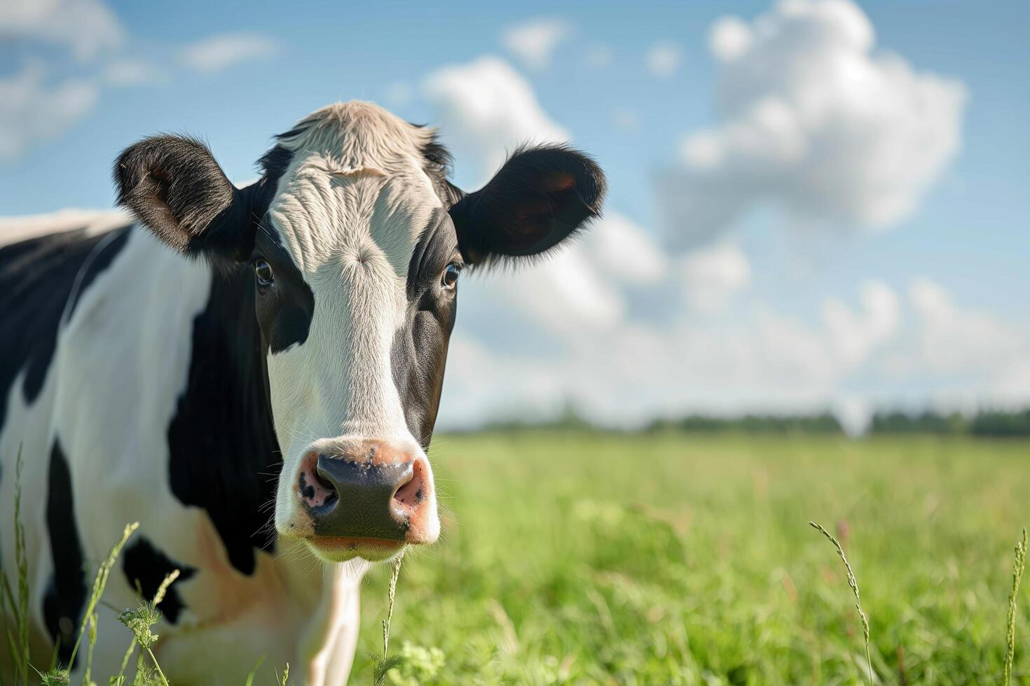 Dairy Cow in Lush Green Pasture Under Blue Sky with Clouds Rural Farm Landscape photo
