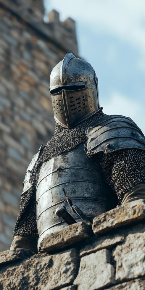 Medieval Knight in Armor Standing on Ancient Castle Wall photo