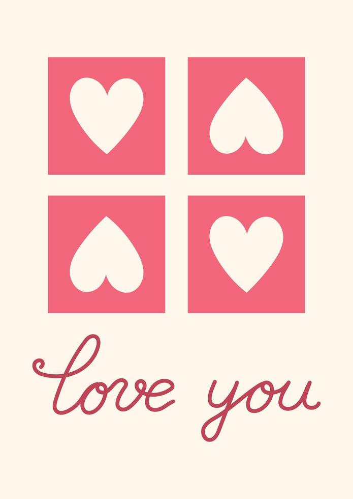 Valentine's Day Card with 4 Hearts and inscription love you. Simple cute greeting card. illustration. vector