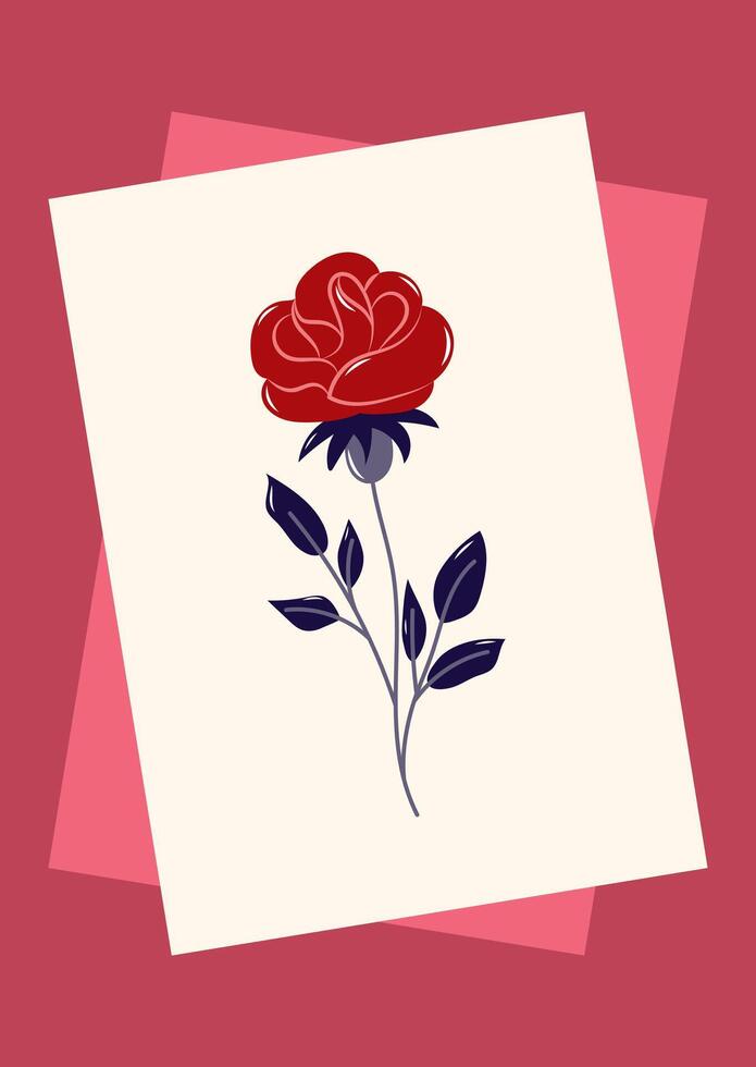 Valentine's Day Card with red rose in frame. Simple cute greeting card. illustration. vector