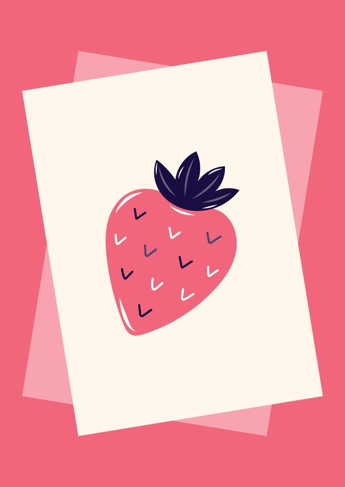 Valentine's Day Card with Pink strawberry in frame. Simple cute greeting card on pink background. illustration. vector