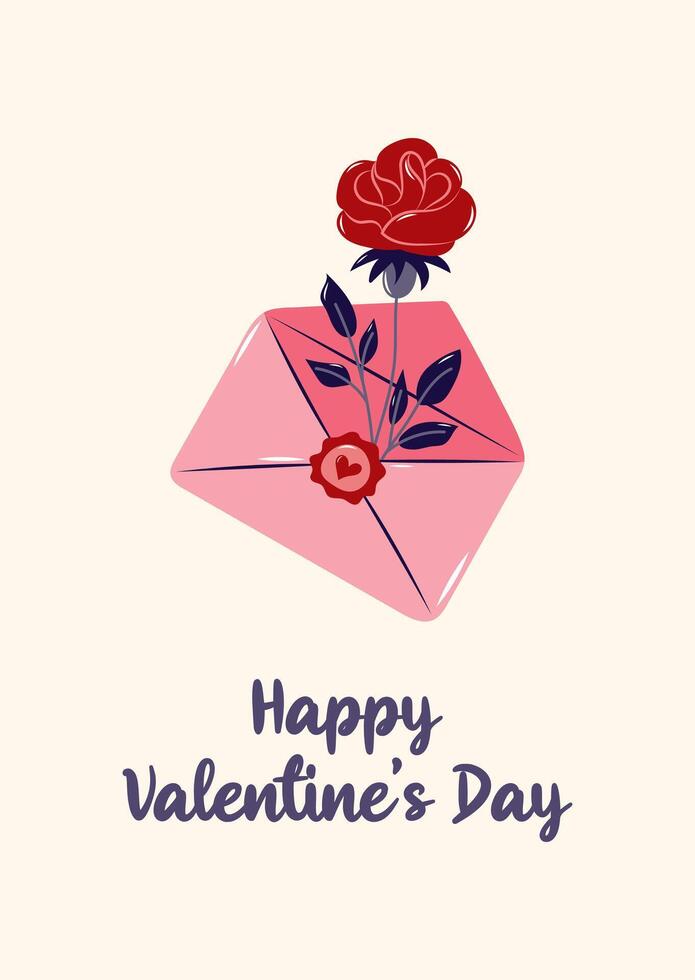 Happy Valentine's Day Card with Envelope and red rose. Simple cute greeting card. illustration. vector