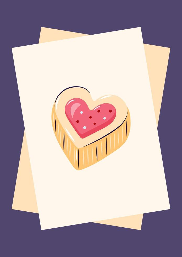 Valentine's Day Card with Heart shaped cookie on purple background. Simple cute greeting card. illustration. vector