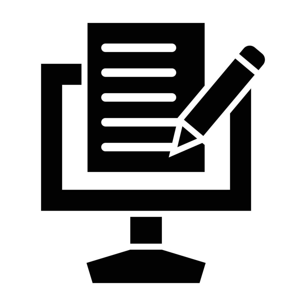 A black and white icon of a computer monitor with a pen vector