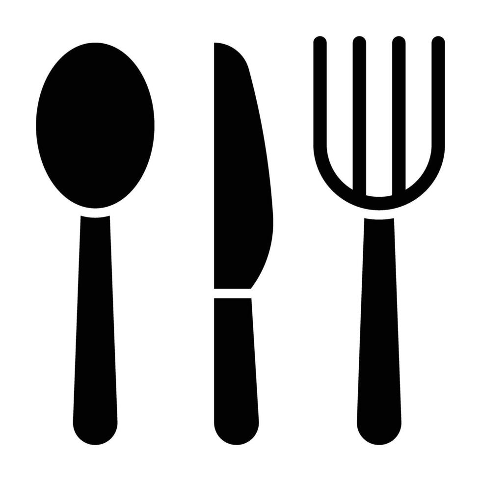 A black and white illustration of a fork, spoon and knife vector