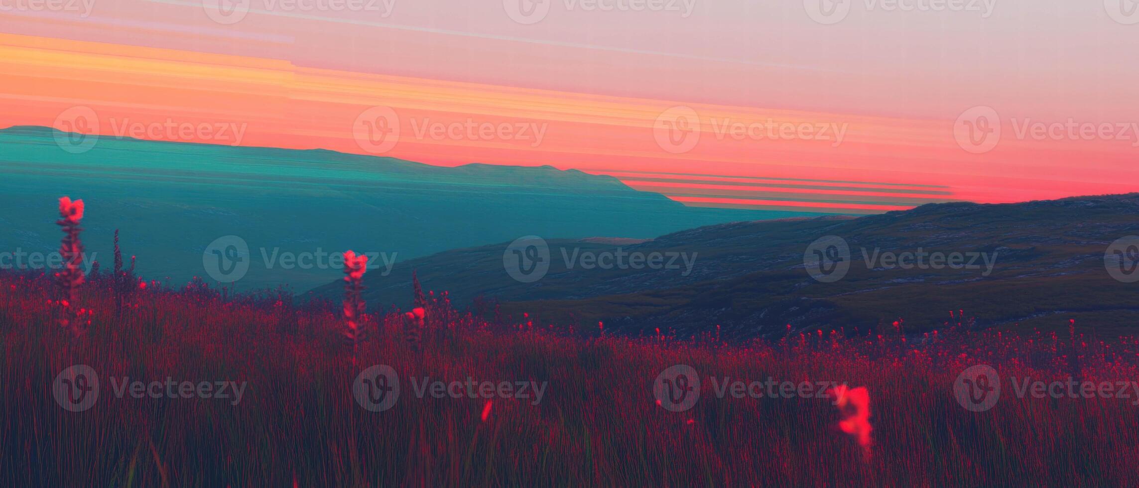 Glitch landscape depicting distorted nature and warped scenery at sunset photo