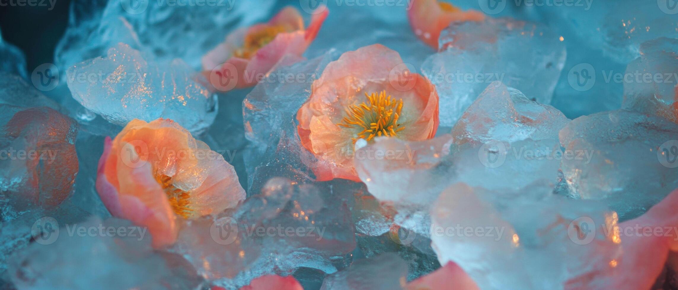Frozen beauty of delicate flowers encased in shimmering ice crystals photo