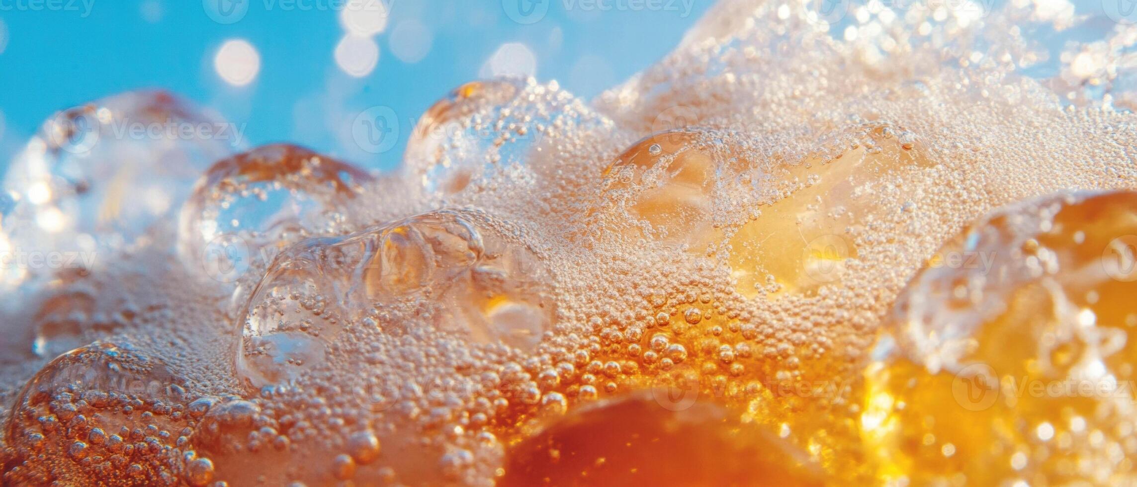 Refreshing soda bubbles with ice, perfect for a hot summer day outdoors photo