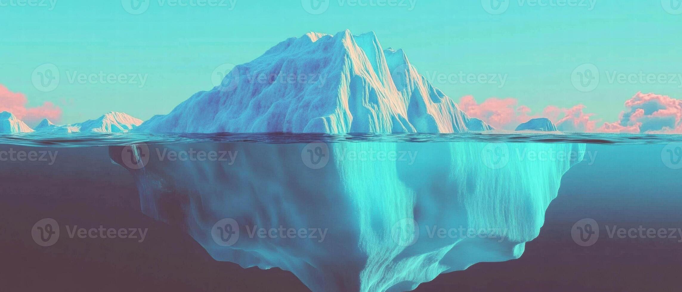 Icebergs drift majestically in the ocean under a clear blue sky amidst cold waters photo