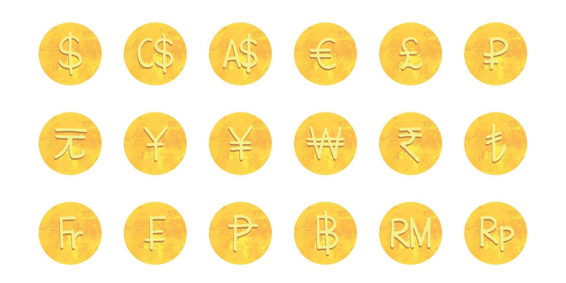 Hand drawn gold currency symbol set Dollar euro pound ruble yuan yen won rupee lira franc peseta baht ringgit rupiah 4q vector