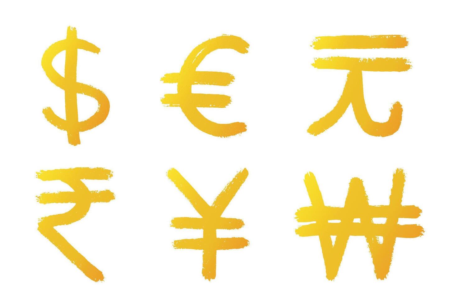 Hand drawn multiple gold currencies symbol set Dollar euro yuan yen won rupee 4 vector