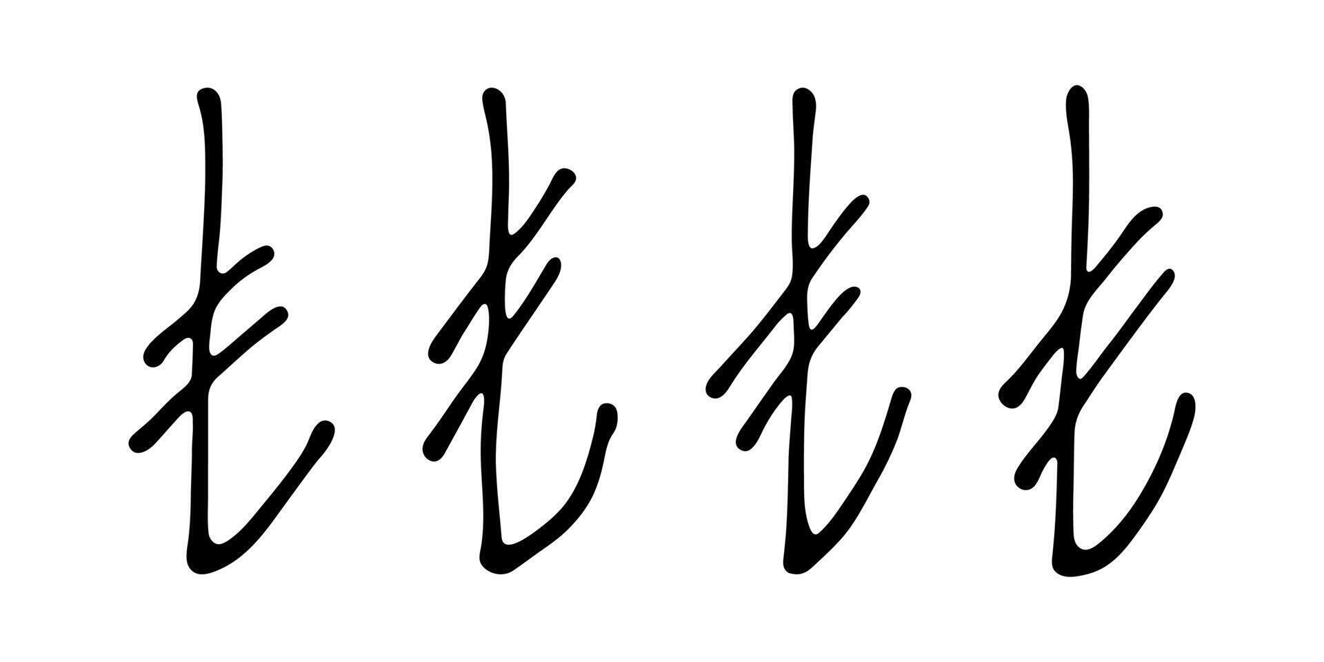 Hand drawn turkish lira currency symbol set Brush stroke doodle Single element for design 4 vector