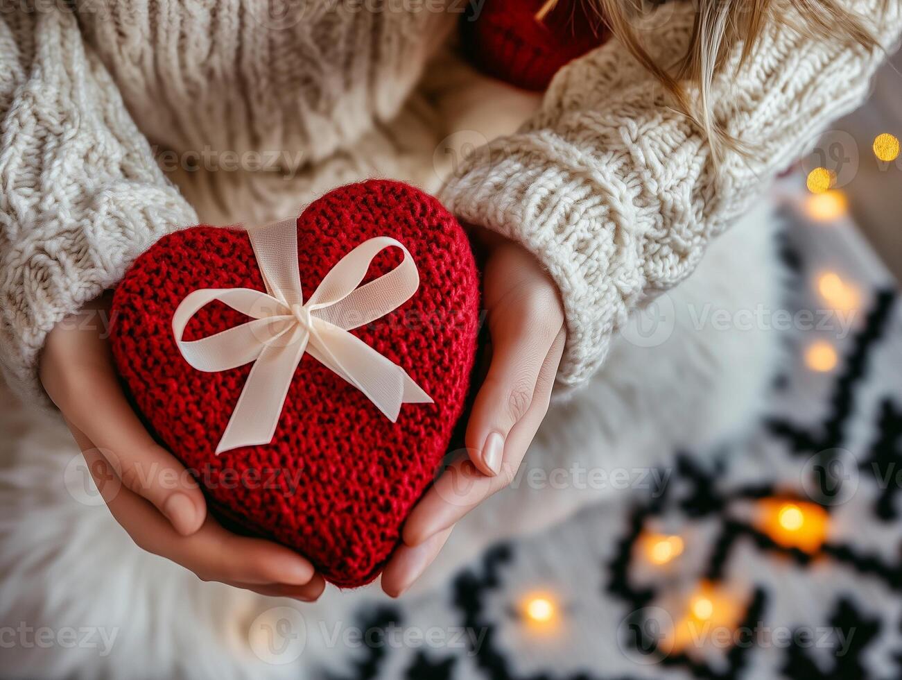 A woman holds a gift box with ribbon in her hands. Red heart-shaped gift box with a bow. AI generation. photo