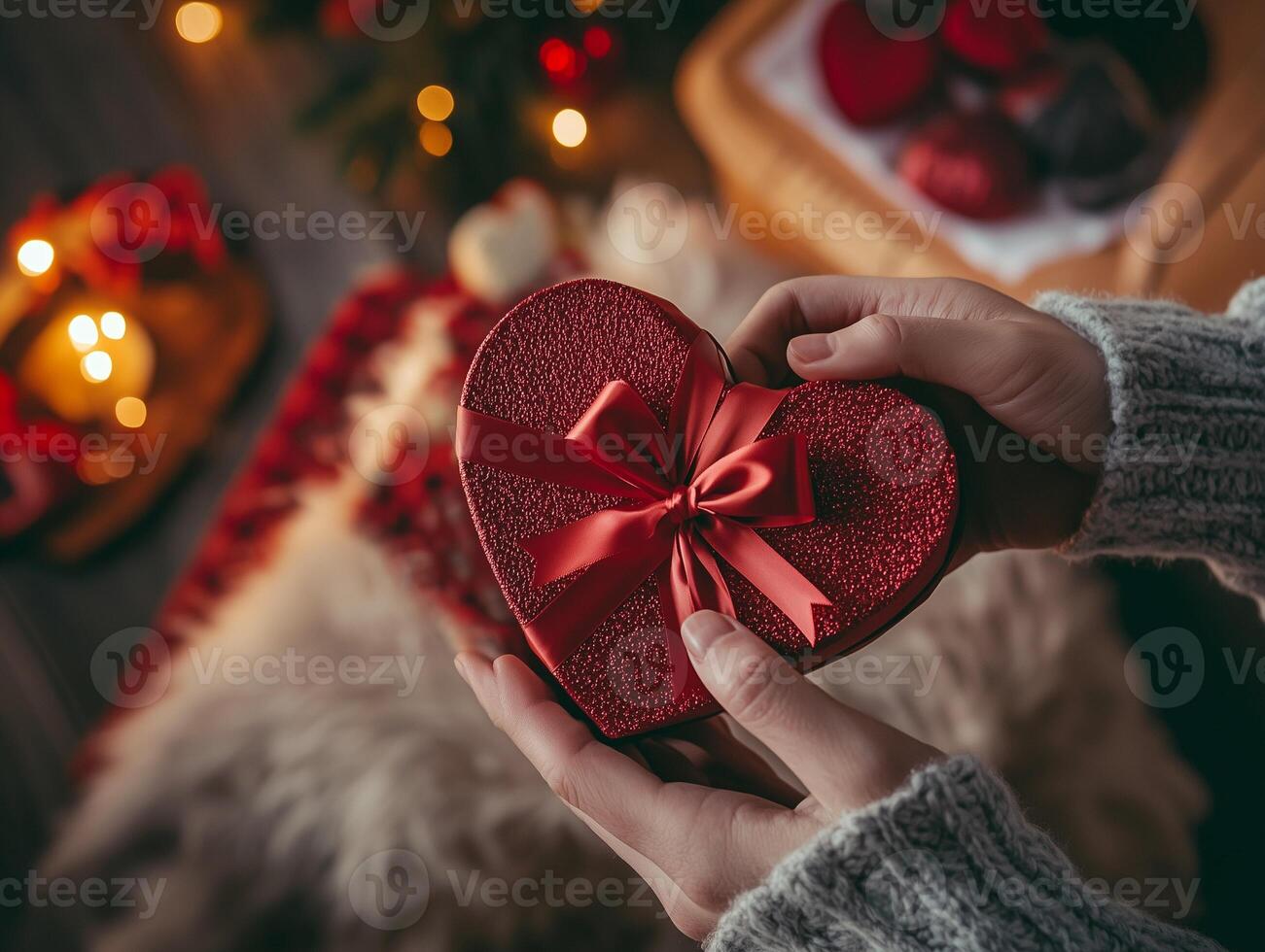 A woman holds a red gift box in her hands. Red heart-shaped gift box with a bow. AI generation. photo