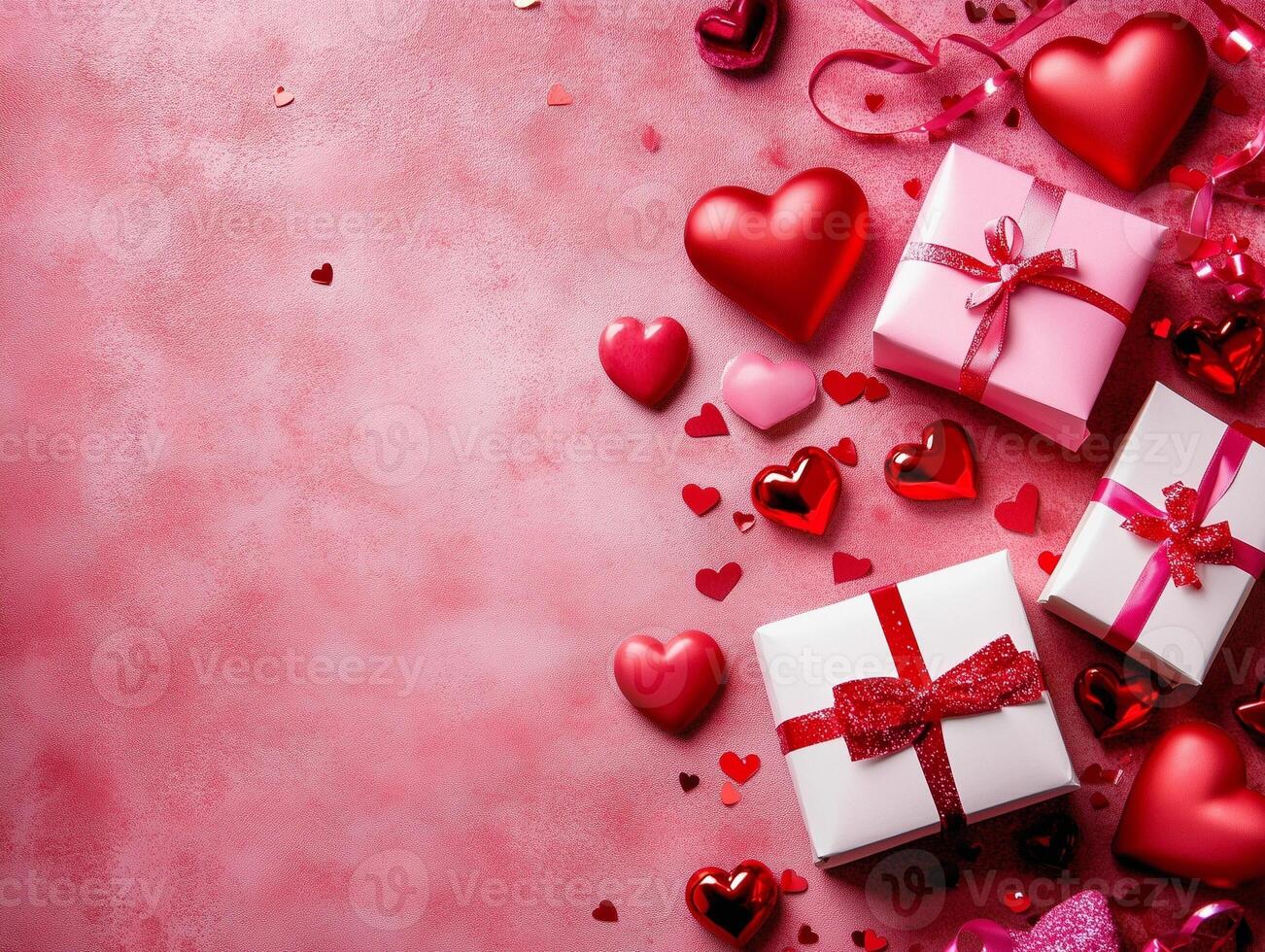 Valentine's Day pink background. Top view photo of hearts and gift boxes with place for text. Copy space. View from above. AI generation.