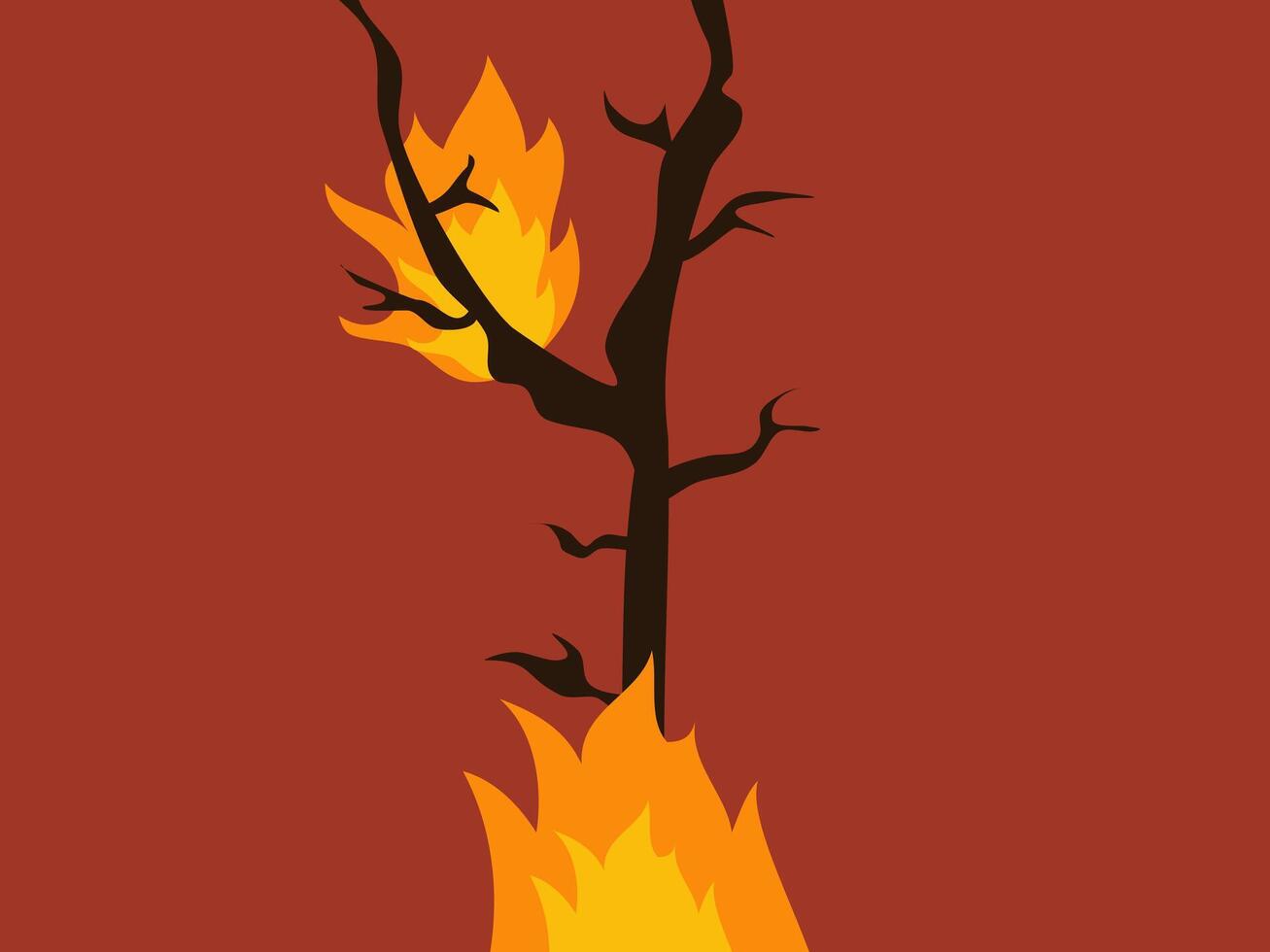 A stylized depiction of a burning tree against a reddish brown background vector