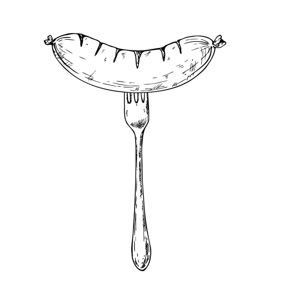 grilled sausage on fork. Graphic German bratwurst illustration isolated on background. Hand drawn line sketch. For designers, prints, postcards, wrapping paper, icon, octoberfest, holiday vector