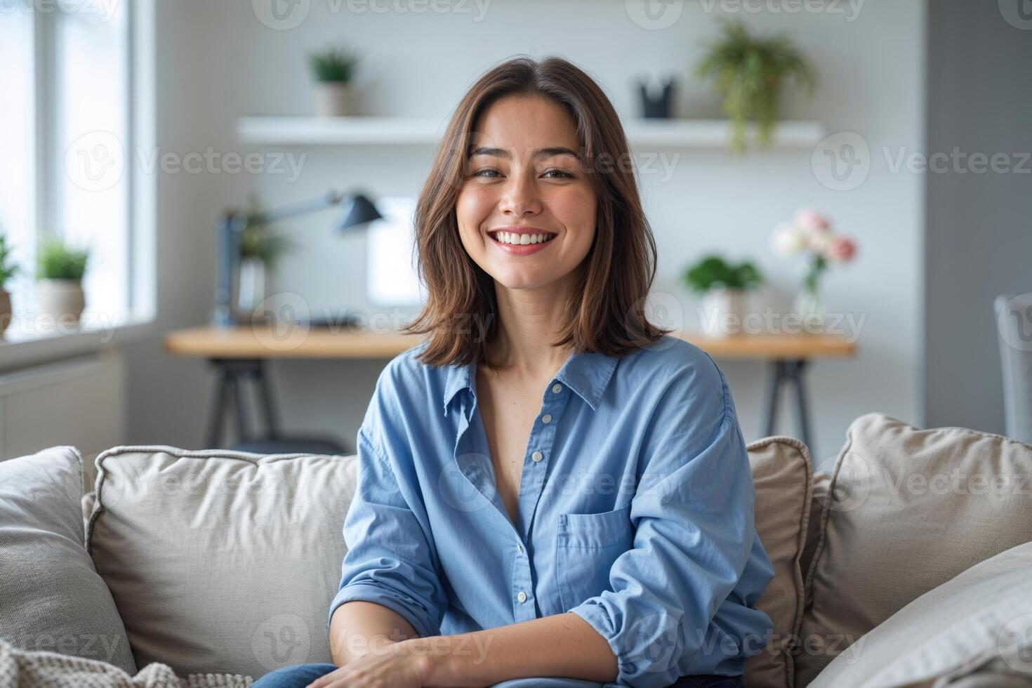 Smiling Woman in Blue Shirt Sitting on Beige Couch in Living Room photo
