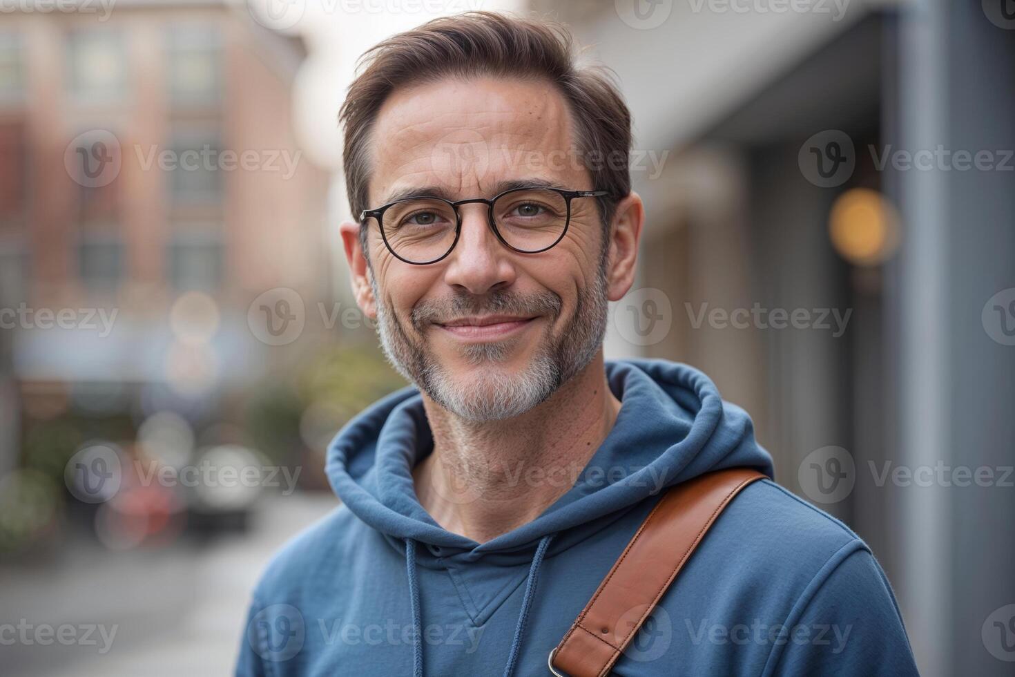 Portrait of Middle-Aged Man Wearing Glasses and Hooded Sweatshirt photo