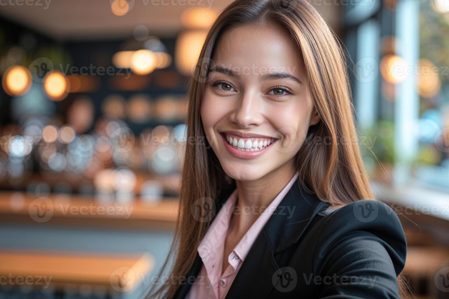 Smiling Woman in Blazer at bar photo