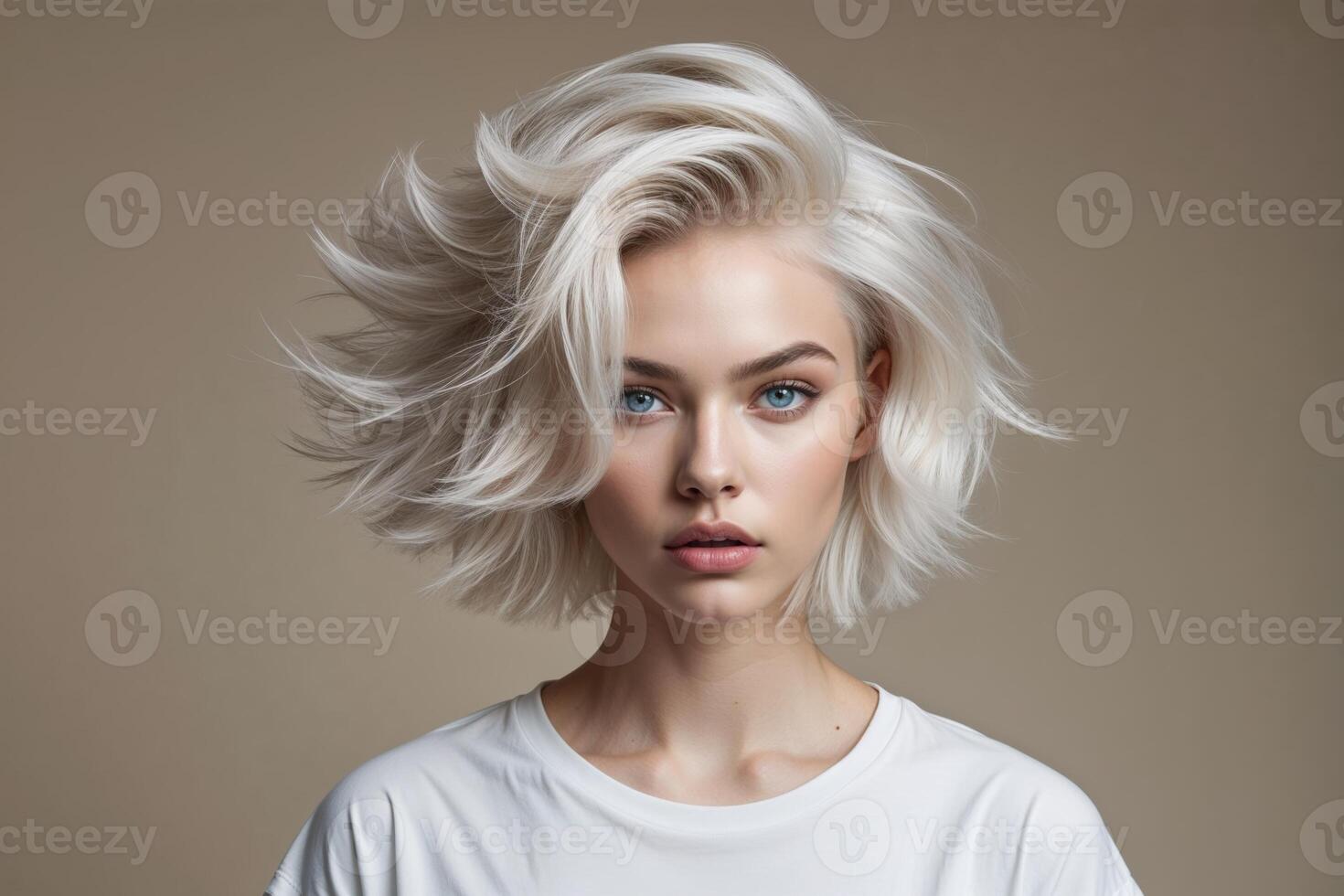 Portrait of Young Woman with Platinum Blonde Bob Haircut photo