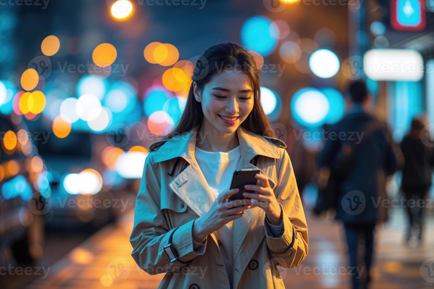 Young Woman Using Smartphone on City Street at Night photo