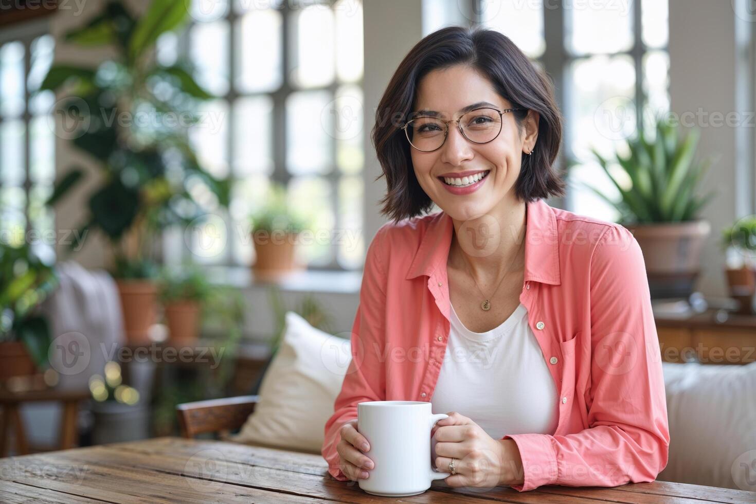 Woman with Glasses and Mug at Wooden Table photo