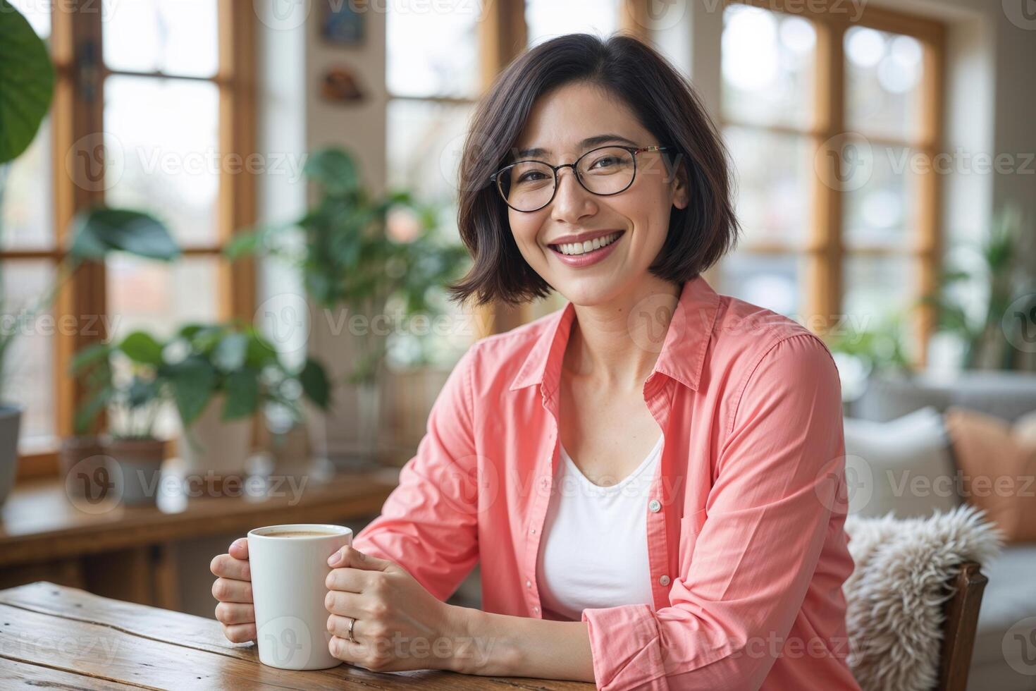 Smiling Woman with Coffee in Bright Interior photo