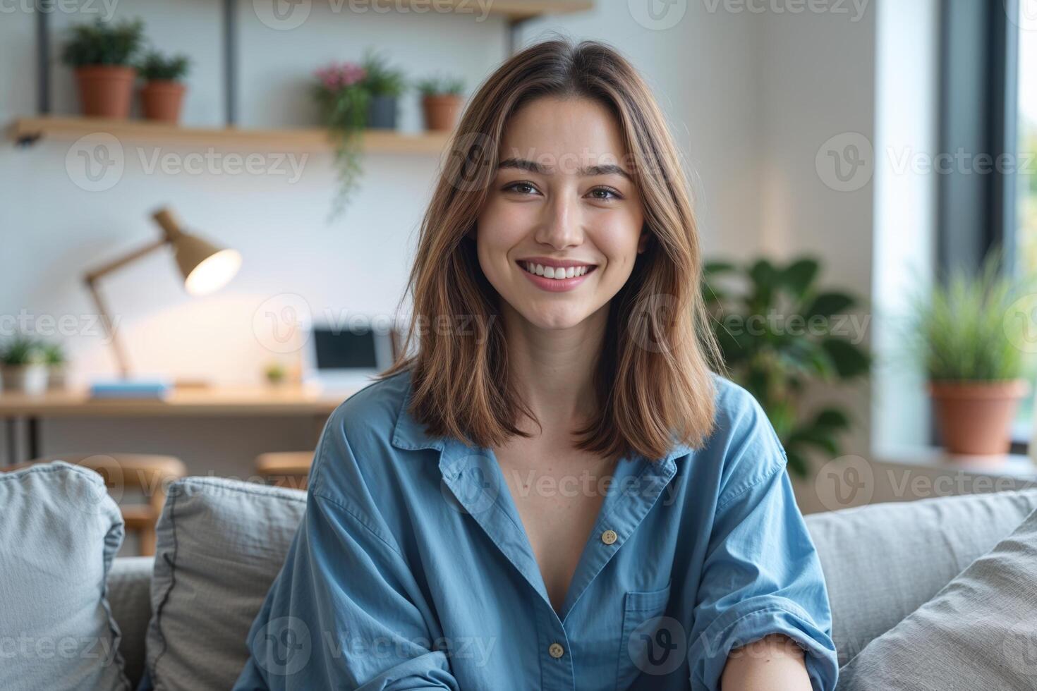 Smiling Woman in Blue Shirt Sitting on Couch in Home Office Setting photo